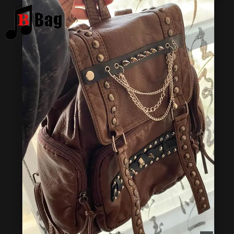 Y2K Gothic Women's Spicy Girls Punk Handbags Harajuku Catskin Buckle Rivet Vintage Leather Backpack Bag Totes