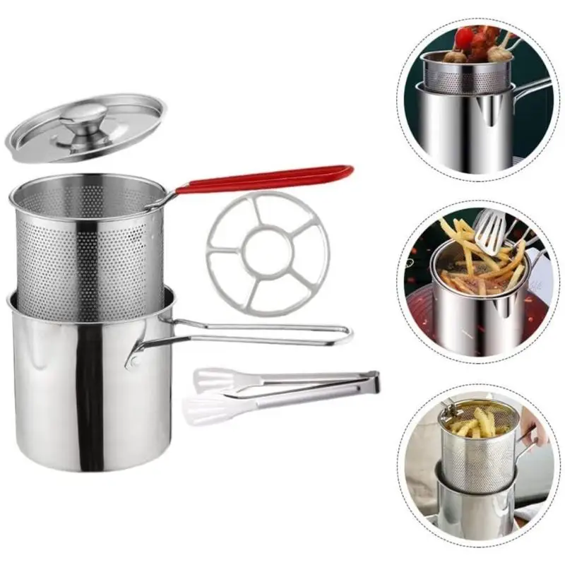 27RB 메쉬 바스켓 미니어처 인체 공학적 단일 핸들 프라이팬이있는 작은 스테인리스 스틸 프라이팬 프라이팬 프라이너 스트레이너