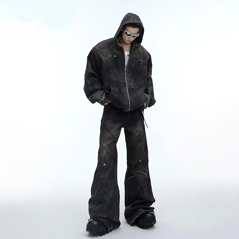 Autumn Hooded Denim Jackets Men Vintage Distressed Shoulder Pad Oversize Coat Male Hip Hop Wear Resistant Baggy Wide Leg Jeans