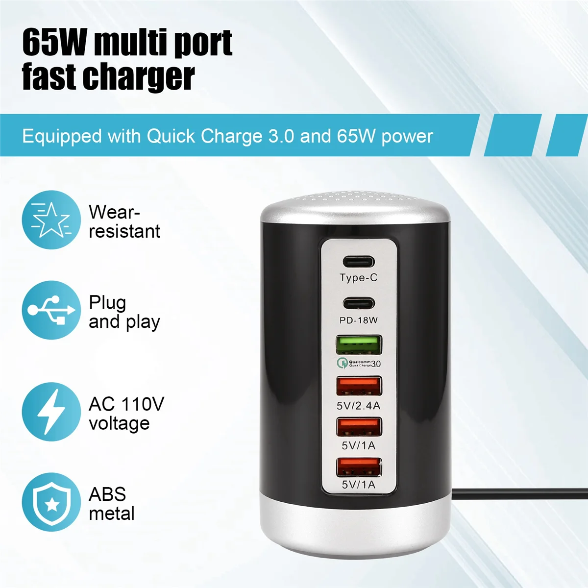 Cargador multipuerto USB de 65W, concentrador QC3.0, cargador rápido de 6 puertos tipo C PD, estación de carga para teléfono móvil, enchufe B de EE. UU.