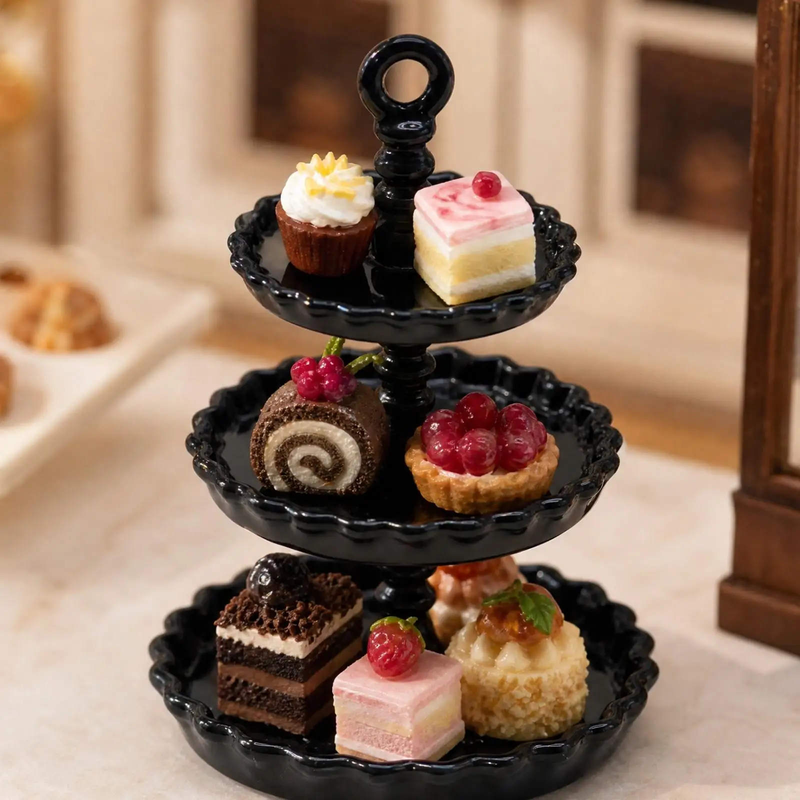 Alloy Mini Cake Display Stand Dollhouse Dessert Tray Three Tier Holder for Miniature Kitchen Table Scene Decor Props