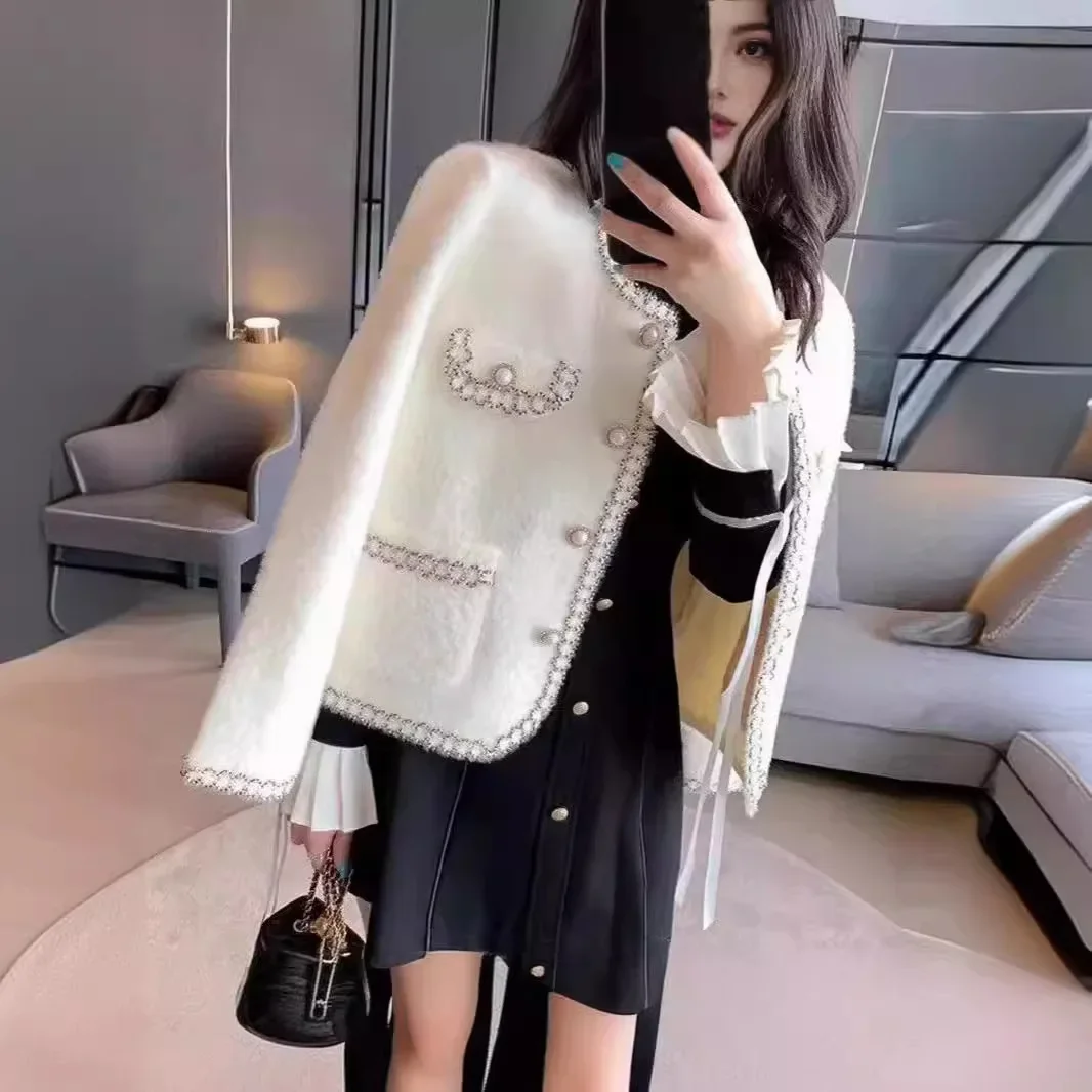 

Свитер женский 2025 г., модный осенне-весенний свободный короткий белый карман на пуговицах, женский весенний вязаный кардиган, женский