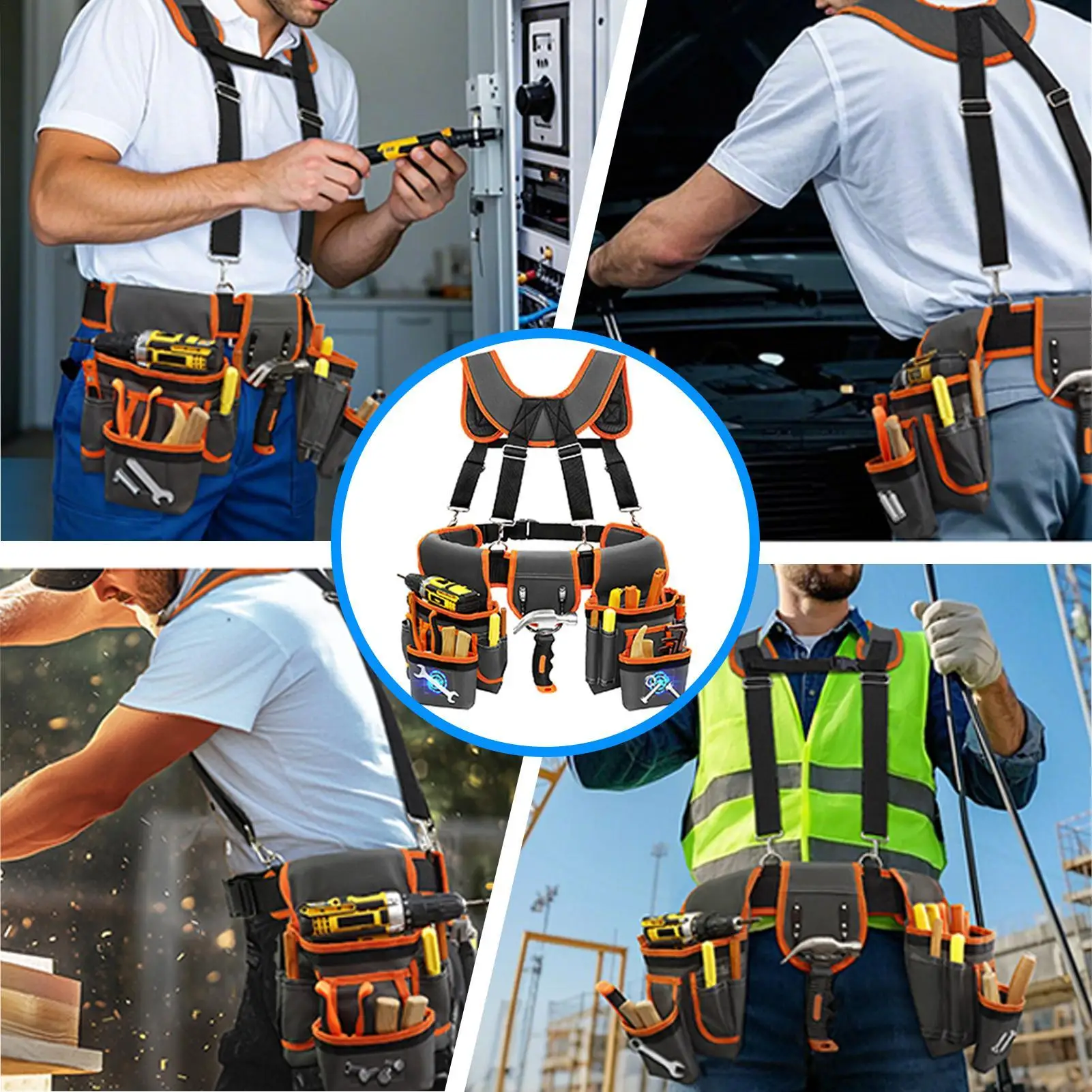 Cinturón de herramientas para hombre, 2 bolsas magnéticas con tirantes, cinturón de utilidad resistente de 18 bolsillos para construcción de enmarcado de cableado eléctrico