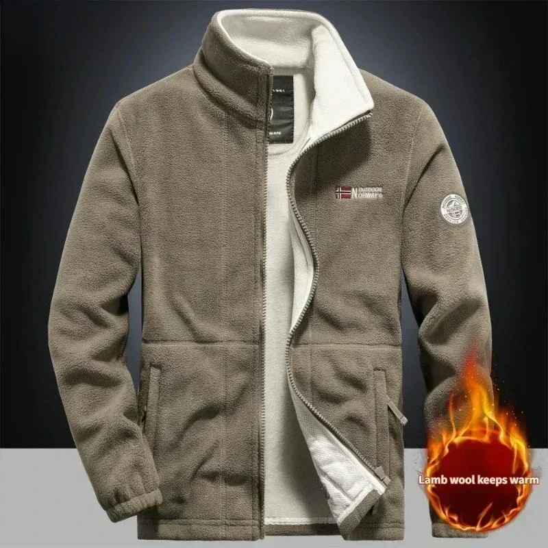 Winter Warm Fleece Jacket Men's Climbing Double Thickened Pocket Jacket Outdoor High Collar Windproof Ski Sweatshirt Coat Men