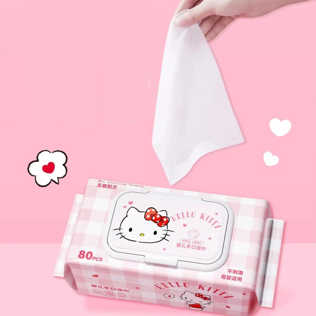 Sanrio Hello Kitty Pure Water Wet Wipe Household 80-pcs Wet Tissue with Lid Thickened Wipes Disposable Cleaning Wet Tissue