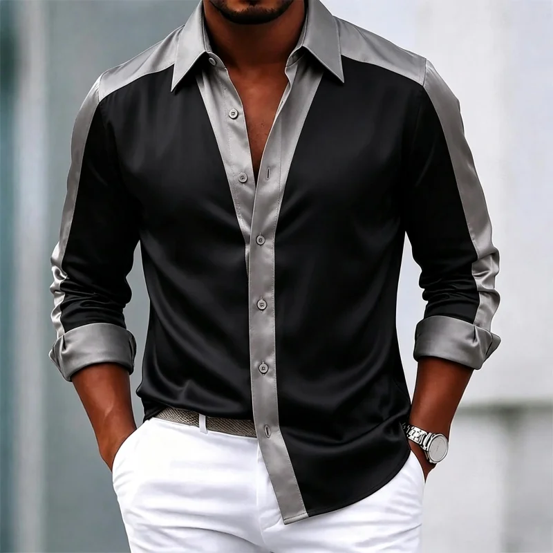 Men's shirt with contrasting color splicing long sleeved shirt, lapel button cardigan shirt, business casual trendy men's top