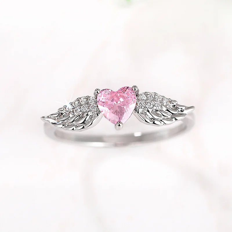 Pink Crystal Love Heart Stone Ring Cute Angel Wings White Zircon Engagement Rings For Women Vintage Silver Color Wedding Jewelry