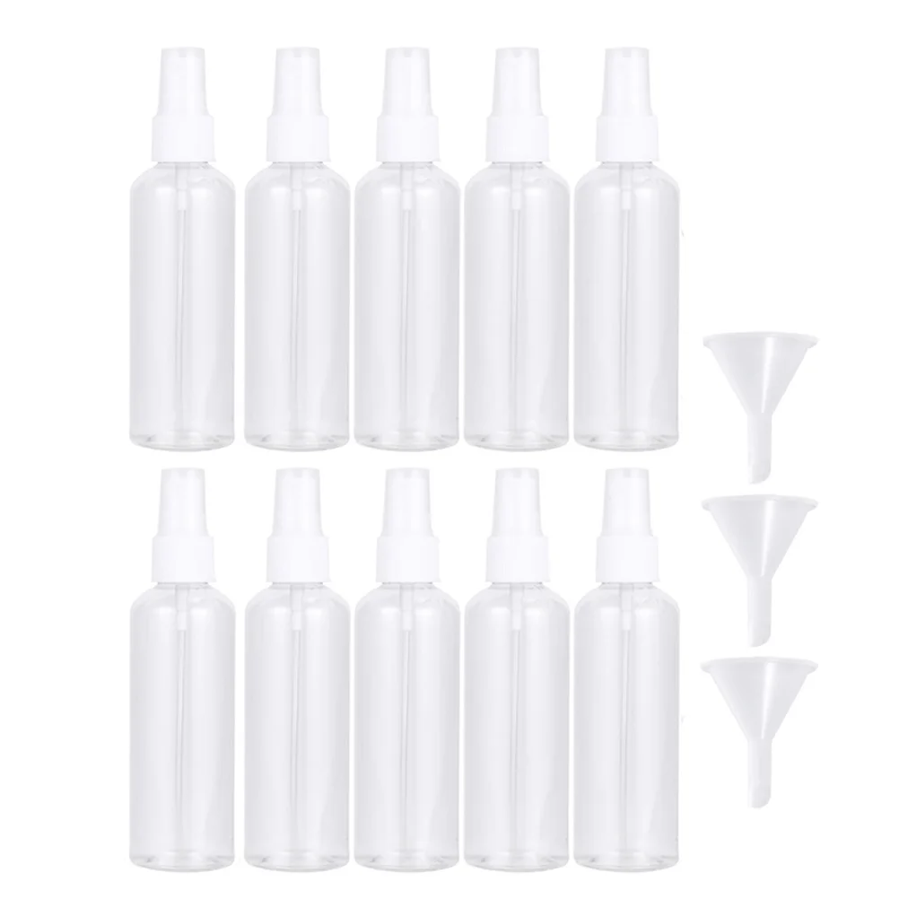 10 peças de plástico mini garrafa de armazenamento transparente suporte externo com 3 peças de funil (30ml) vazio recarregável