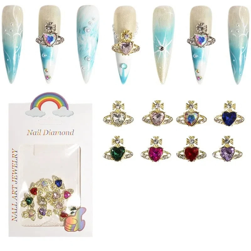 Vintage-Stil, luxuriöser Zirkon, asymmetrische Herz-Nageldekorationen, 3D-Nagelanhänger in Saturnform, trendiges Nagelzubehör