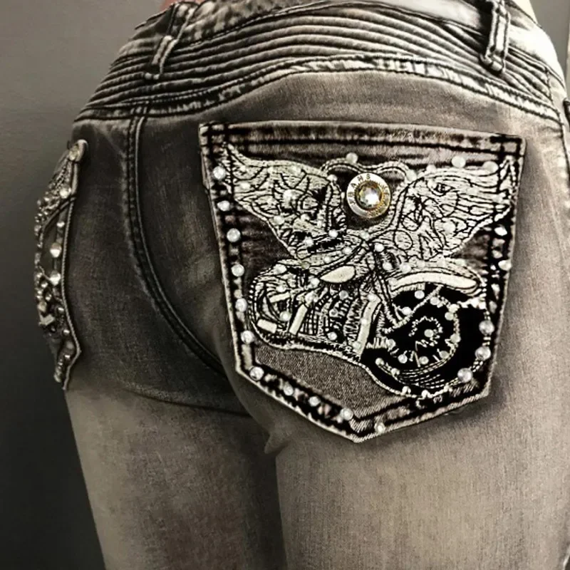 

American Gothic Embroidered Rhinestone Slim Jeans Fashion Harajuku Trend Y2K Women Casual Street Hip Hop High Street Pants