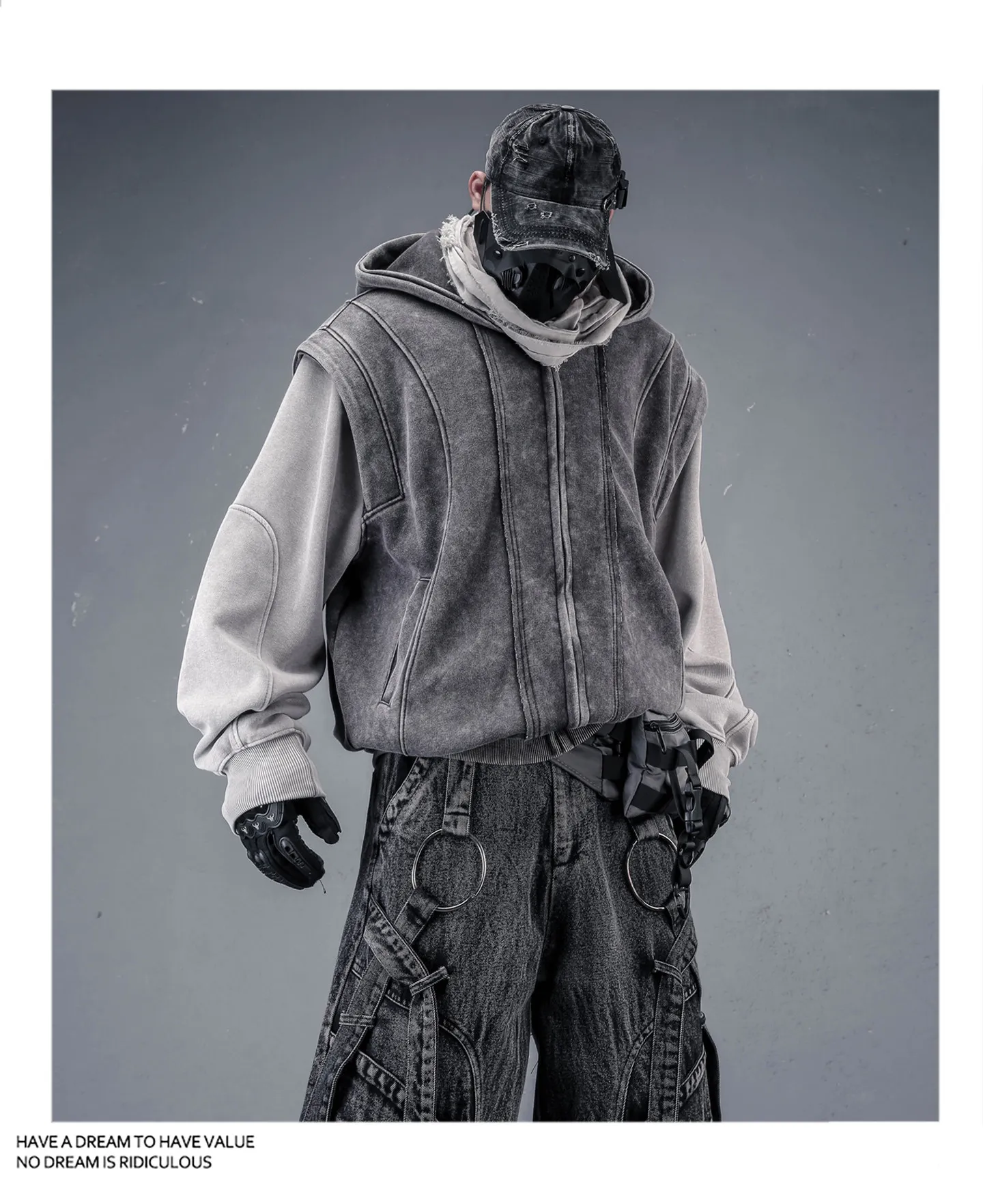 Washed Distressed Fake Two Piece Patchwork Punk Vintage Hoodies Man Techwear Gothic Zip Up Hoodie Street Wear