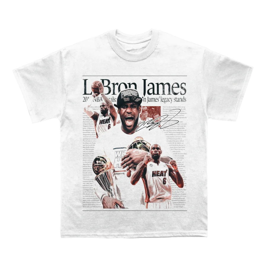 Camiseta masculina de algodão branco LeBron James, casual, streetwear