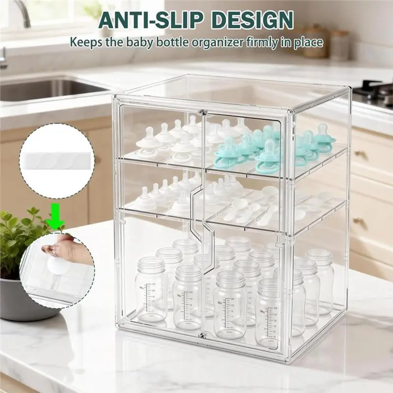 【CUSTOMER FAVORITE】Clear Plastic Baby Bottle Organizer, 3-Tier For Countertop Storage With Double Magnetic Doors, Bottle Station