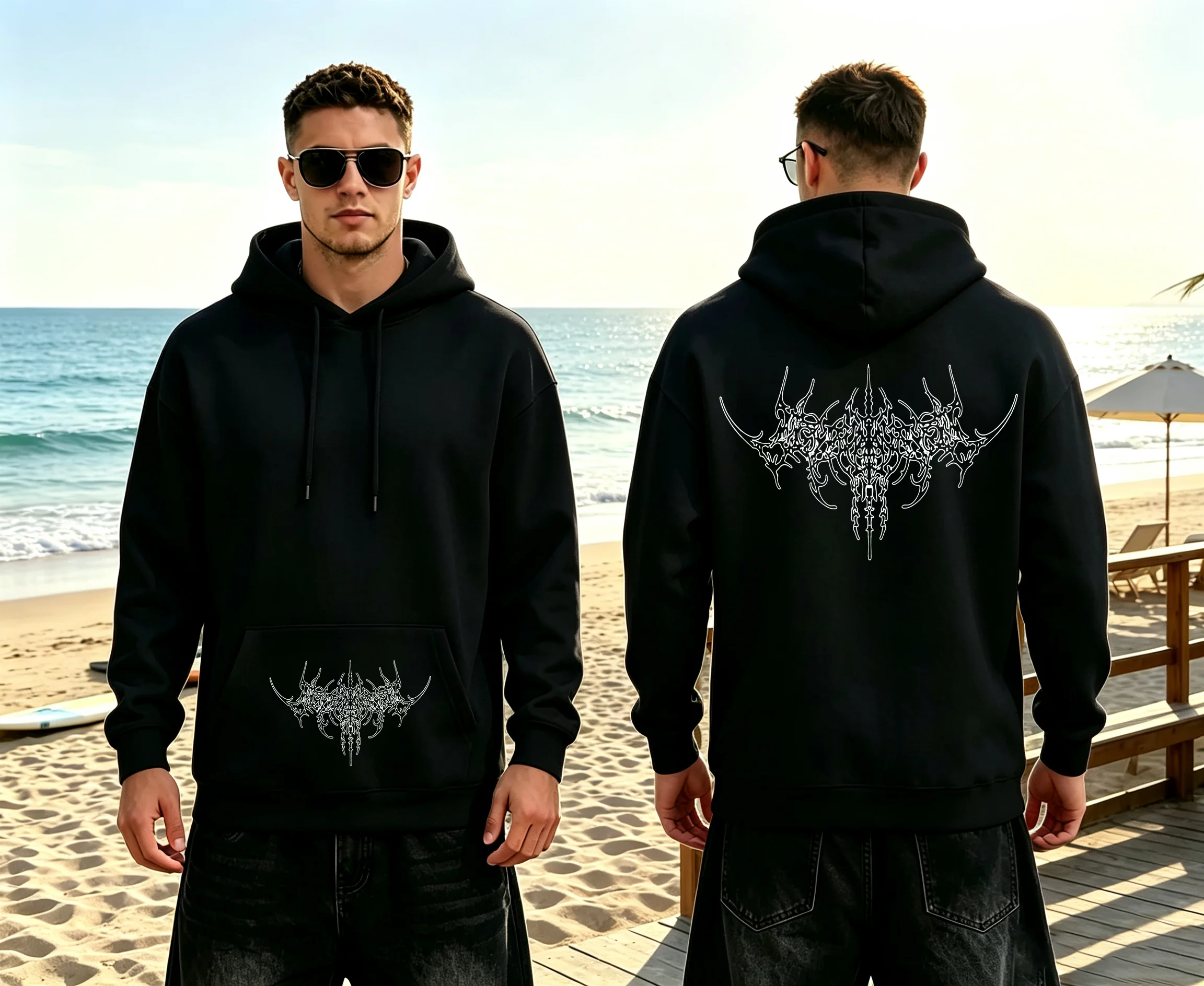 Men Gothic Cyber Totem Print Hoodie Front And Back Graphic Pullover Sweatshirt Y2K Punk Streetwear Loose Hooded Top