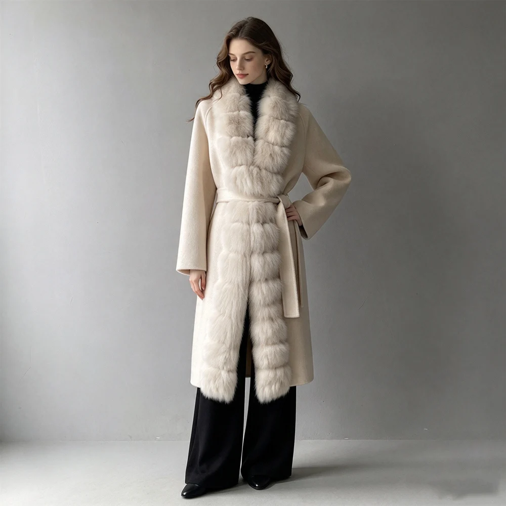 Jaxmonoy Women's Winter Coat Luxury Real Fox Fur Coat Double Faced Cashmere Wool Blend Long Jackets Female 2026 Autumn New Come