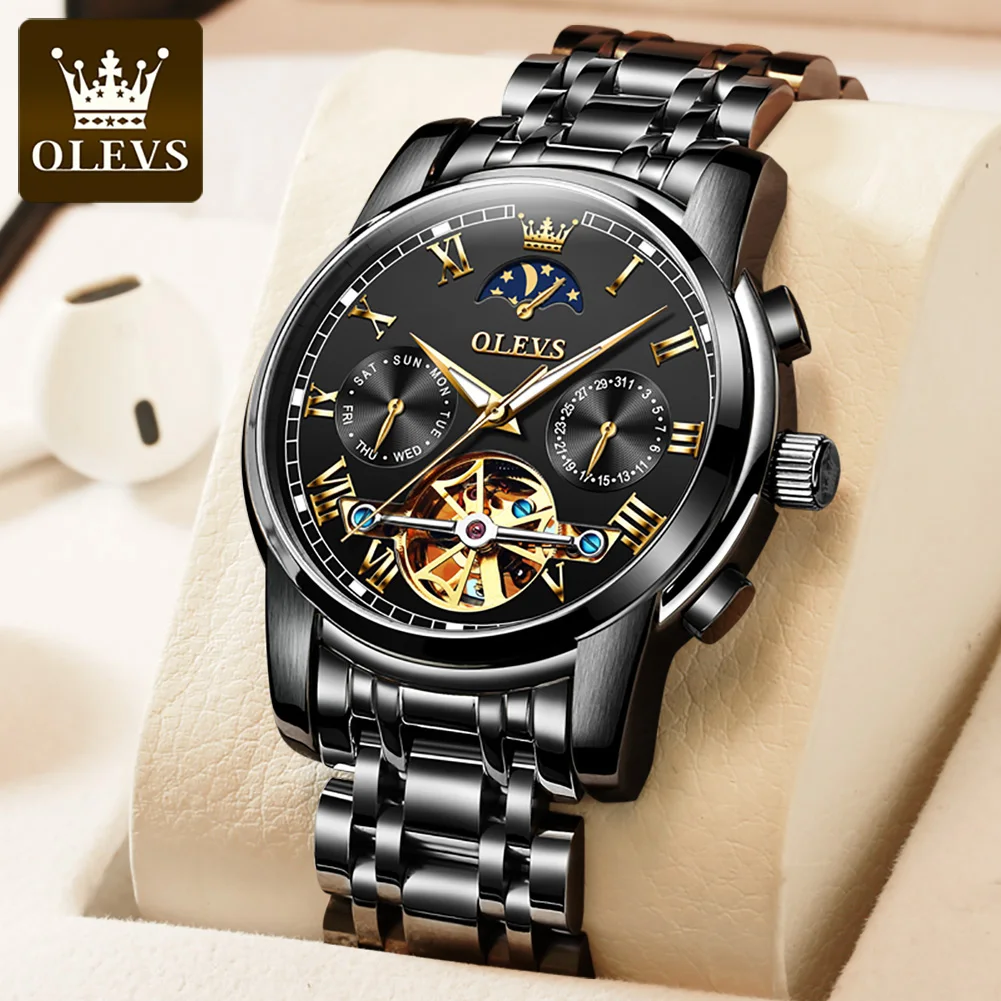 OELVS Brand Luxury Tourbillon Mechanical Watches Stainless Steel Waterproof Date Luminous Fashion Couple Watch for Men Women