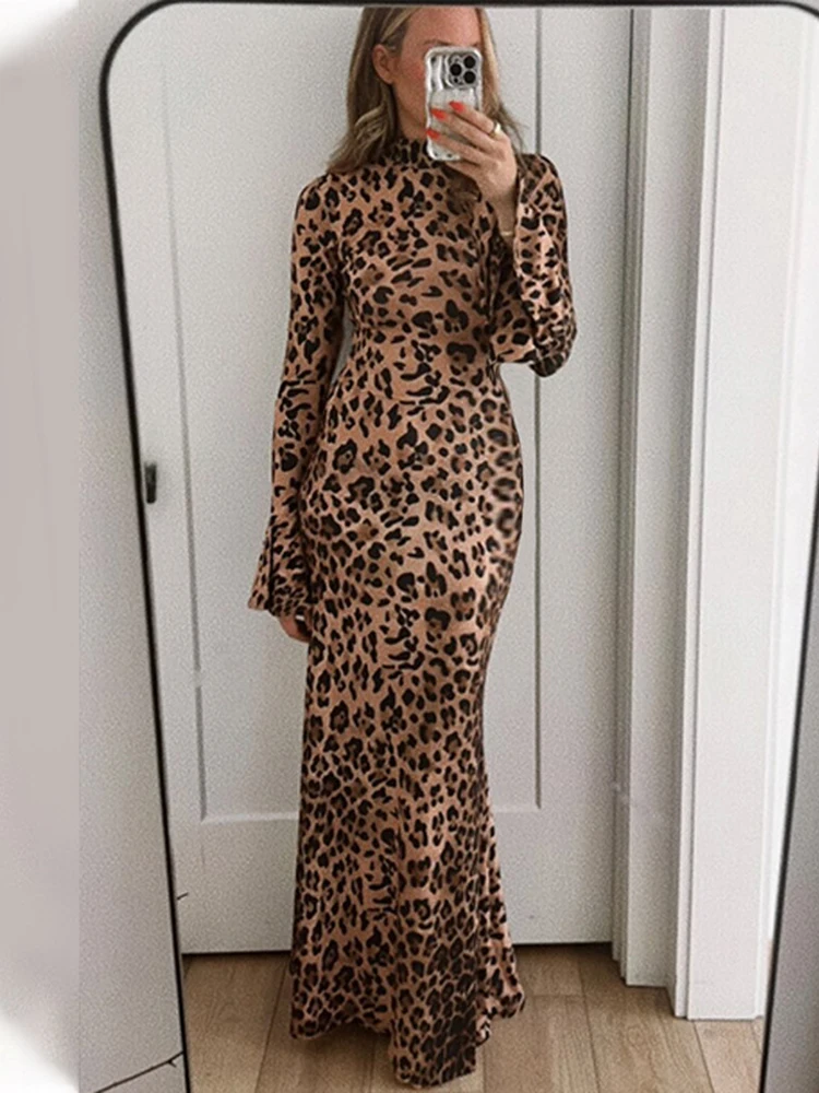 TARUXY Leopard Print Stand Collar Sexy Dress For Women Fashion Ruffle Sleeve Slim Maxi Dress Female 2024 Autumn New High Street