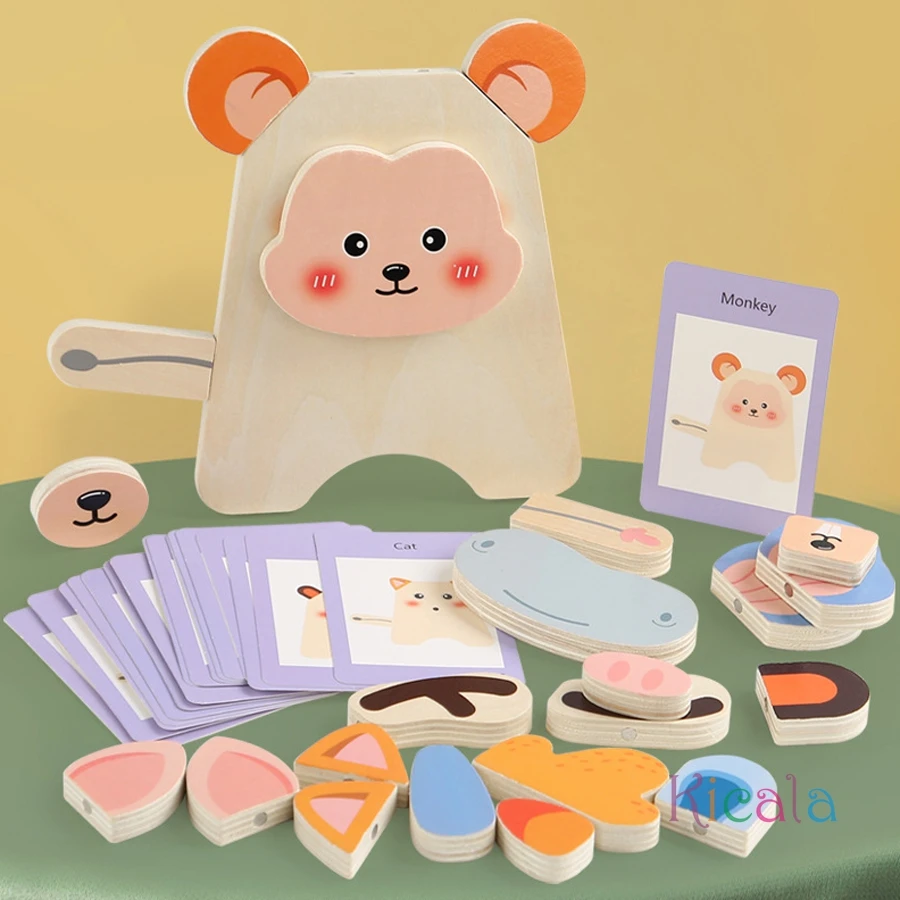 

Children Wooden Montessori Educational Toys Animal Emotion Change Face Building Blocks Logic Training Puzzle Game for Kids Gift