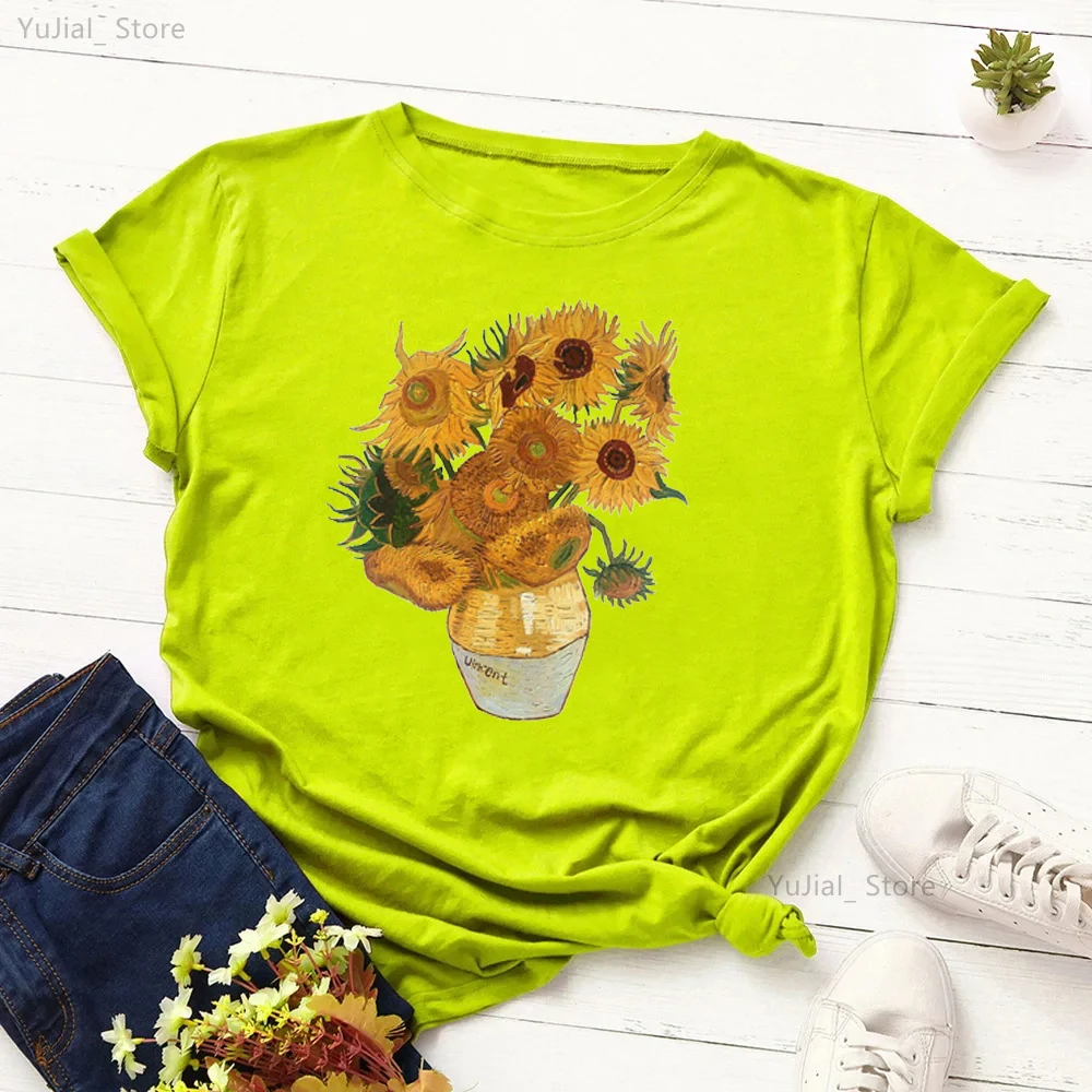 ヴァンゴッホヒマワリvangogh Tシャツ,ヴィンテージの芸術的な原宿スタイルのTシャツ,夏のTシャツ