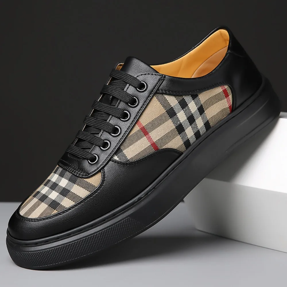 Men Classic Checkered Patchwork Thick Soled Casual Board Shoes Shock-absorbing Breathable Fashionable Commuting Street Shoes