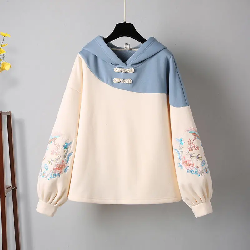 Chinese Style Buckle Hooded Sweatshirt for Women Fashion Print Long Sleeve Loose Pullovers Hoodies Casual Pull Tops Female