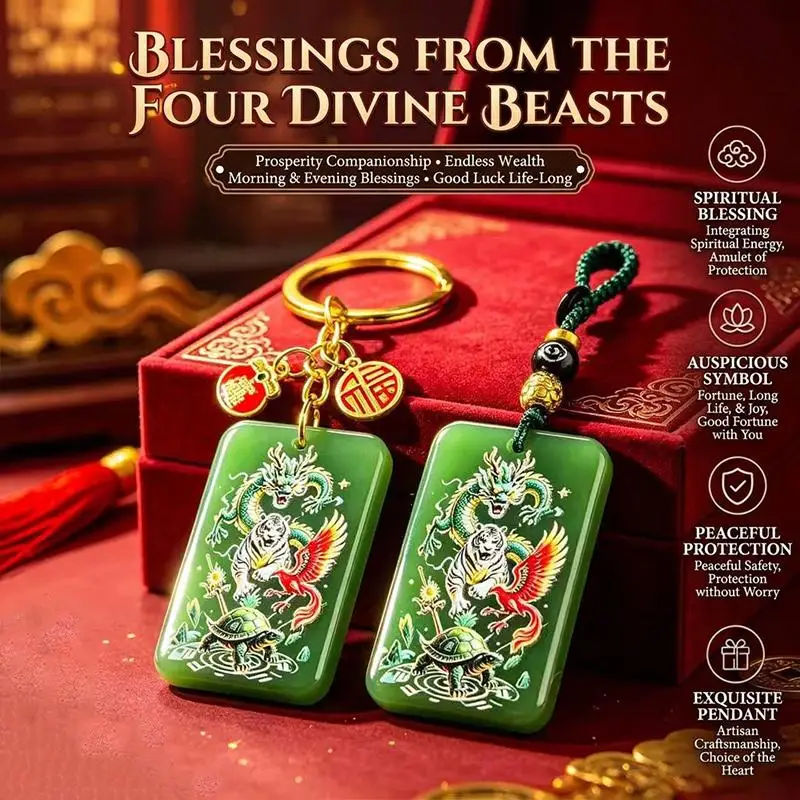 Lucky Green Glass Keychain Portable Four Chinese Mythical Beasts Pattern Fortune Key Pendant for Key Organization Decor