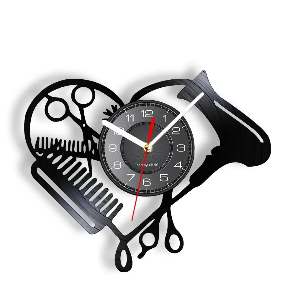 Barber Shop Tools Vinyl Record Wall Clock Beauty Hair Salon Heart Shape Dryer Scissor Comb Hairstylist Design Silent Watch