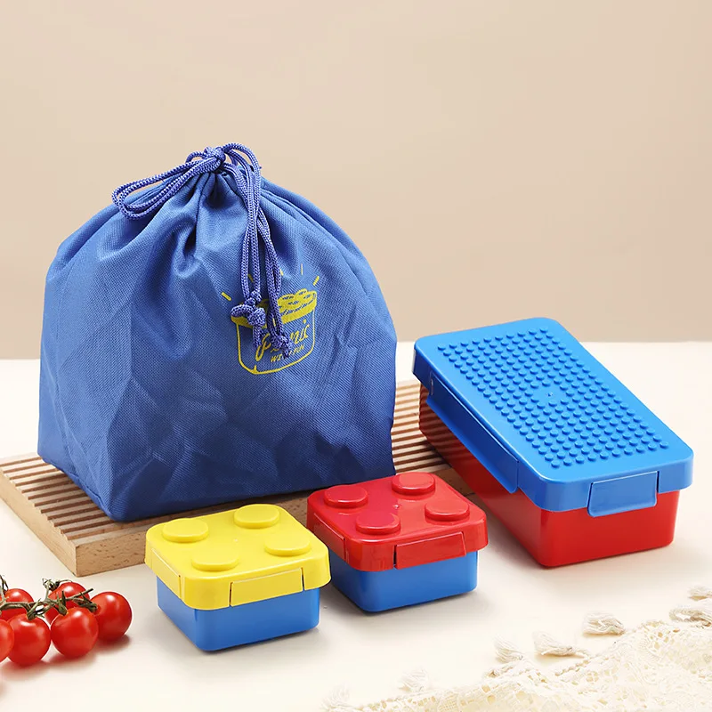 Building Block Lunch Box for Kids, Plastic Game Bento Box, School Picnic Food Container with Bag, Girls and Boys