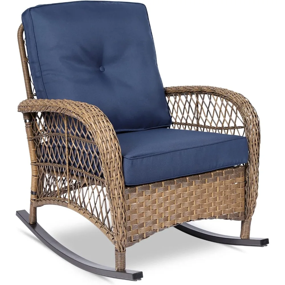 

Outdoor Wicker Rocking Chair, Patio Rattan Rocking Chair with Cushions and Steel Frame, All-weather Rocking Wicker Furniture