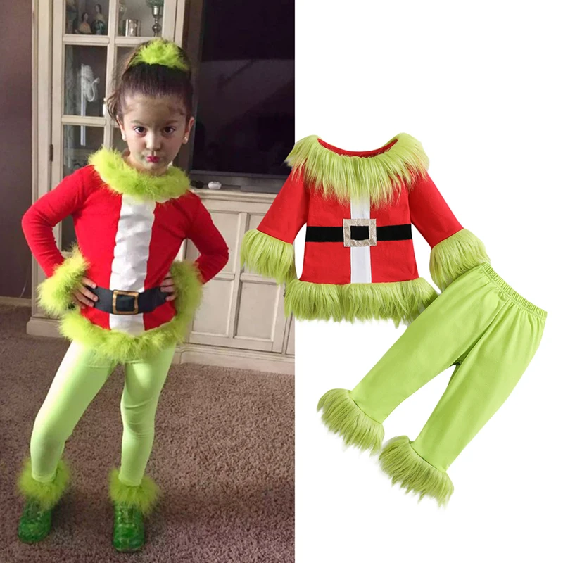 1-7Year Toddler Baby Christmas Outfit Boy Girl Green Monster Furry Costume Shirts and Pants Christmas Santa Cosplay Party Suits