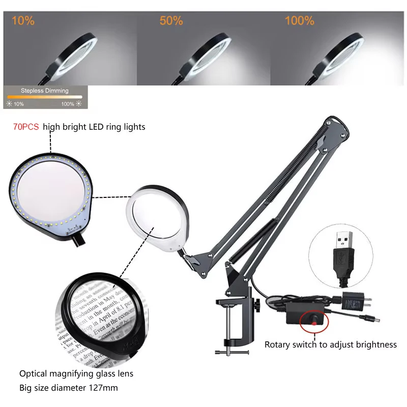 10X/20X Foldable Desktop Magnifying Glass with Led Lights 70 Leds Magnifier for Reading Repair Welding Desk Lamp