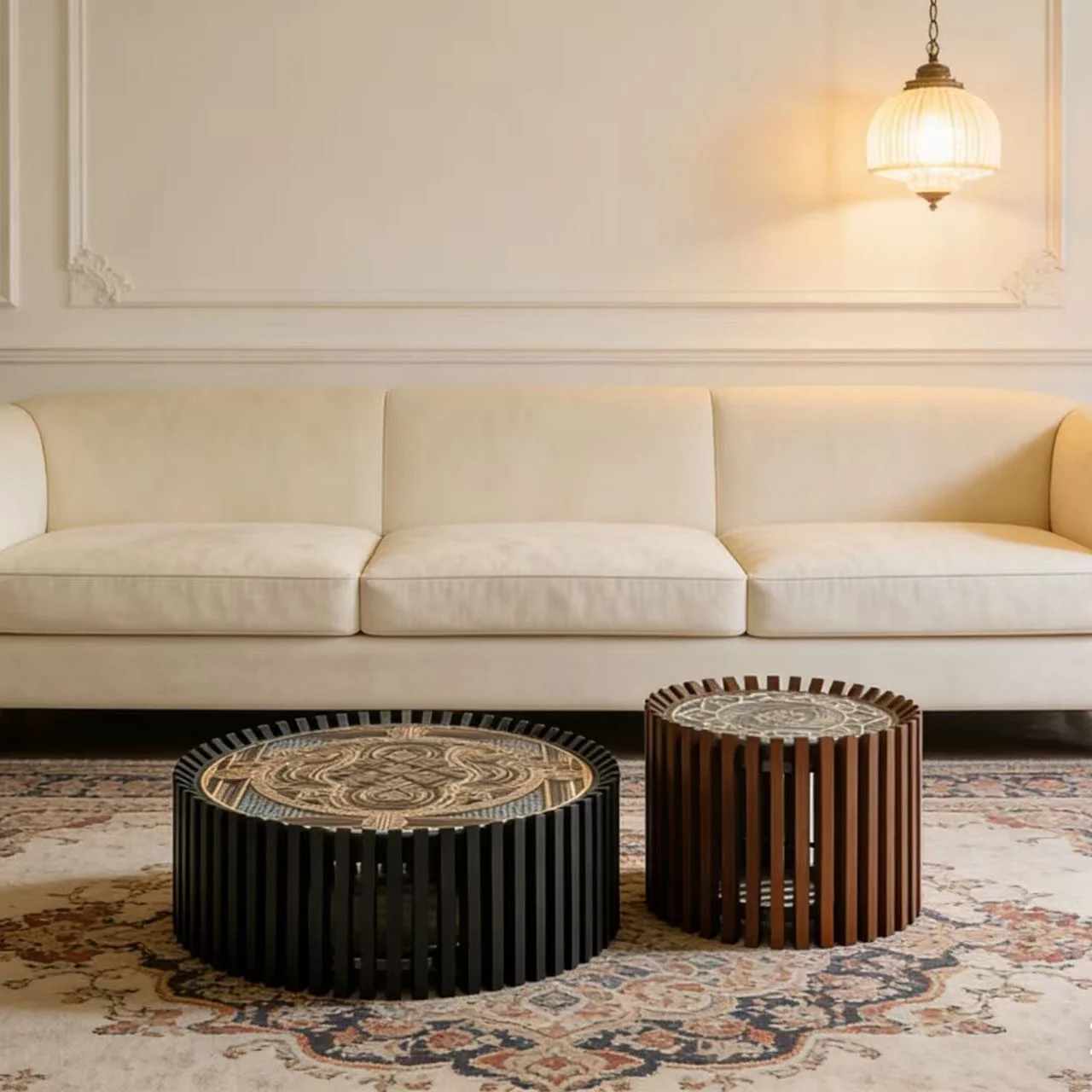 &c Chinese Light Luxury Retro Design Sense Coffee Table Set Wooden Hollow Geometric Pattern Home Furniture