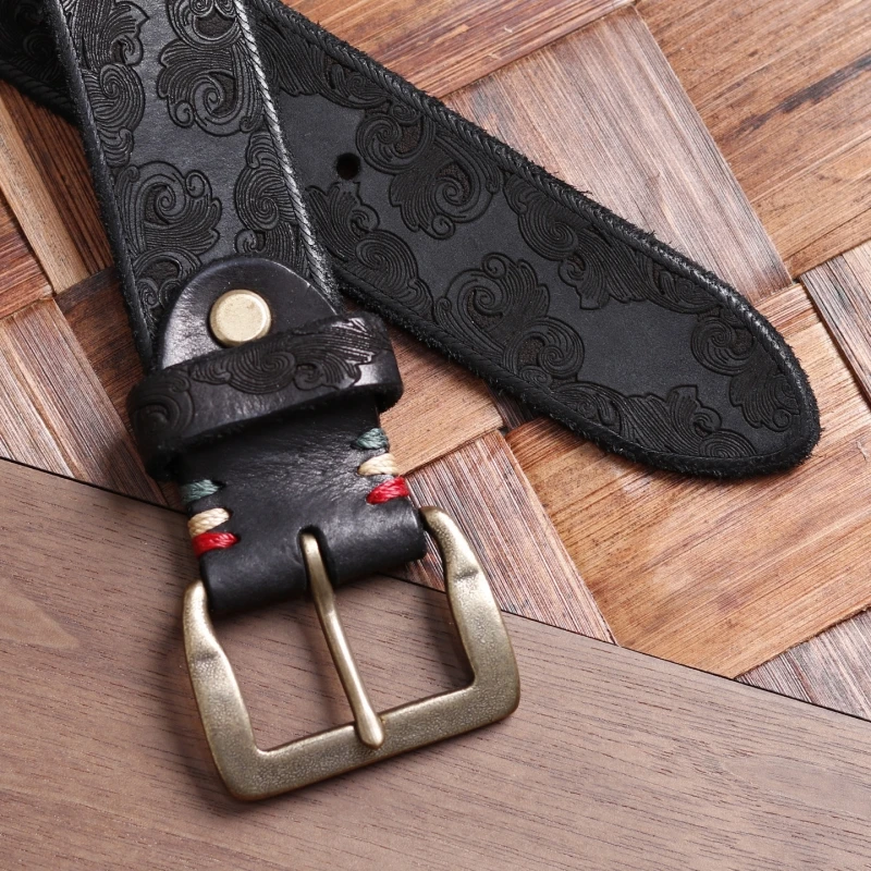 Men's Genuine Leather Belt, Vintage Carved Handmade Cowhide Belt with Brass Buckle, Retro Amekaji Style Casual Jeans Waist Belt