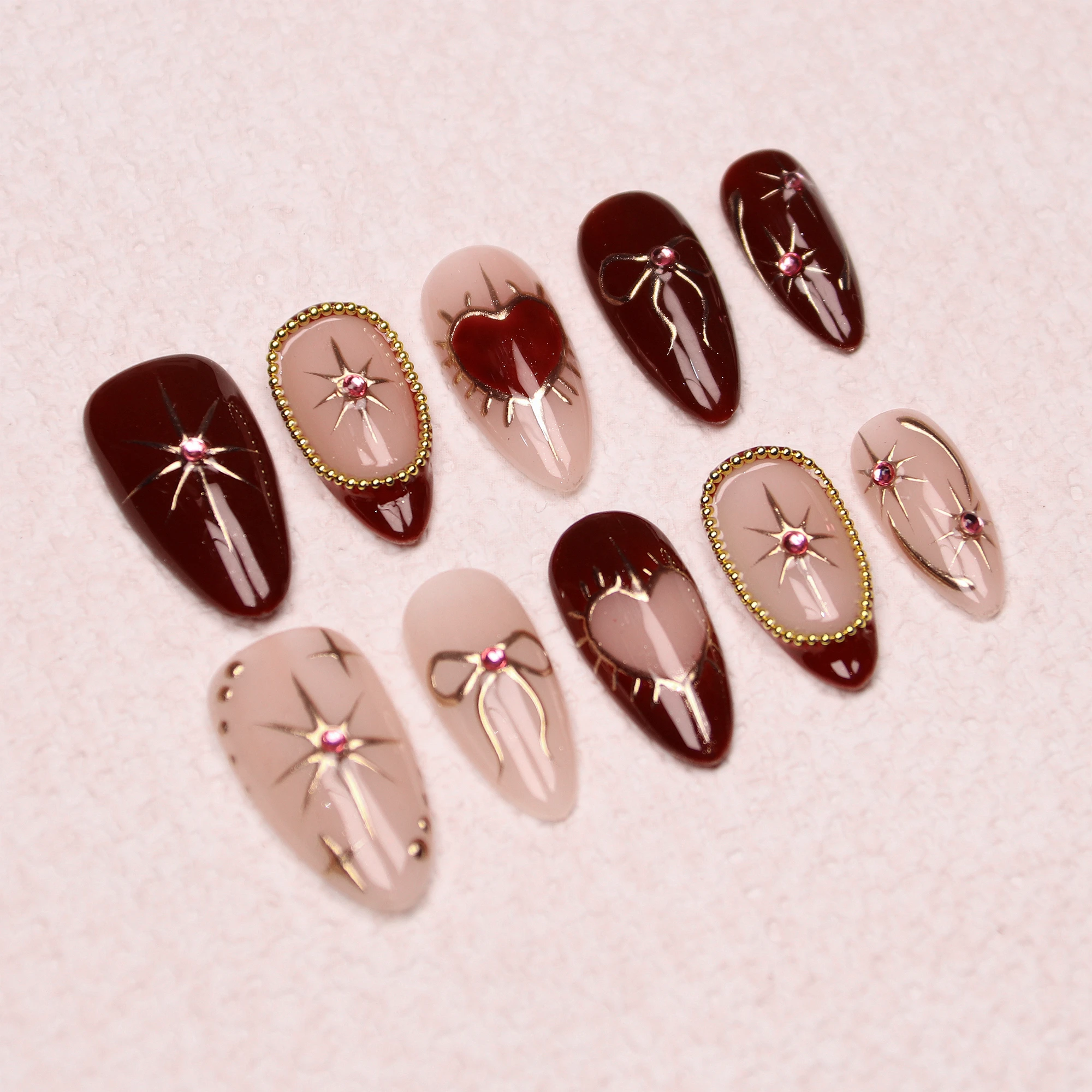 10Pcs Handmade Manicure Medium Almond Fake Nails Unique 3D New Cut bow Heart Press On Nails Design with Adhesive Nail File Set