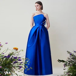 Elegant Evening Dress Gemstone Blue Satin Pleat Rhinestone Formal Party Dresses A-line Strapless Elegant Party Dresses Woman