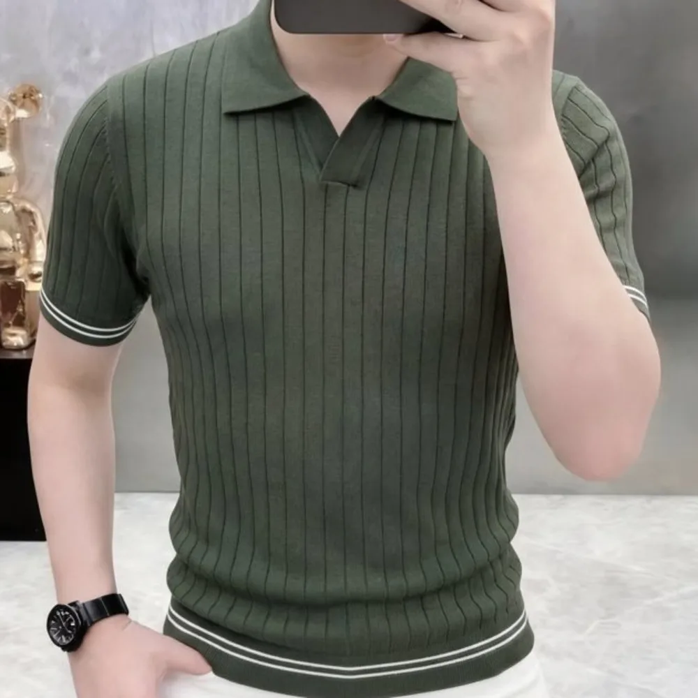 Para Hombre Knitted Stripe Slim Polo Hombre Polo Shirt Office Business Color Contrast Polos Trendy Breathable Polo Shirt Men
