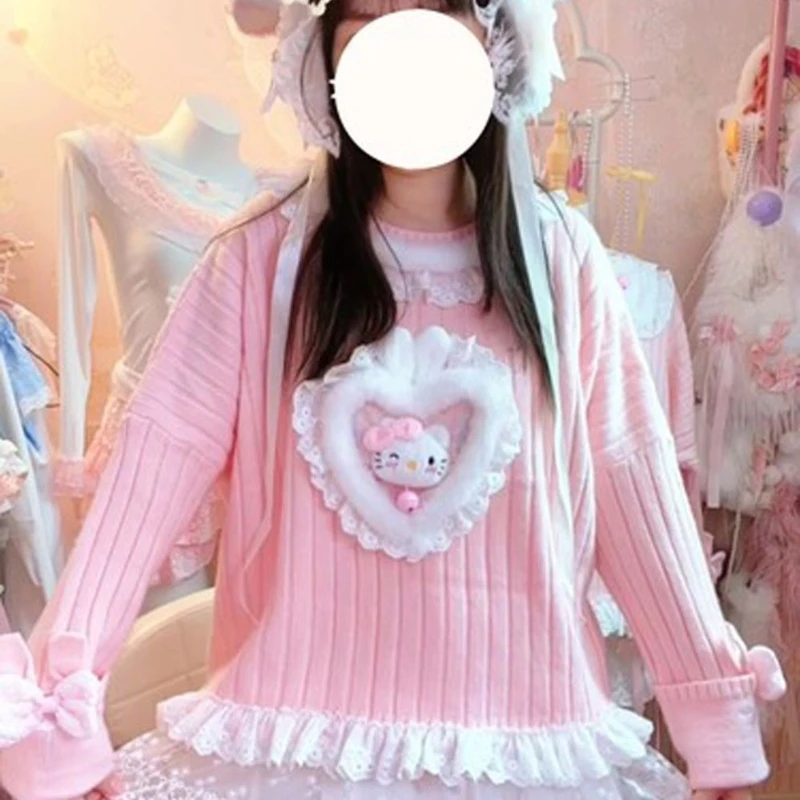Original Handmade HelloKitty Spicy Pure Desire Wind Sweet Versatile Autumn/Winter Cute Pink Knitted Sweater Sweet Girl Sweater