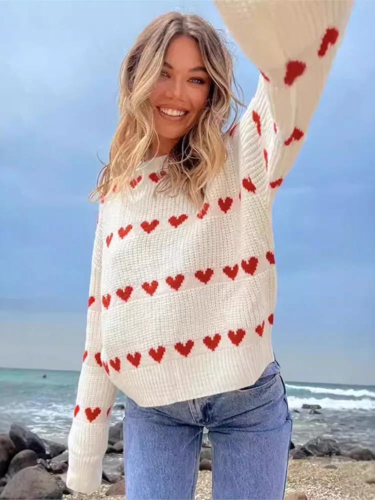 

Cute Sweet Love Knitted Sweaters Women Fashion Two Colors Jacquard O Neck Knitting Pullover Sweater Tops Female Trendy 2024 New