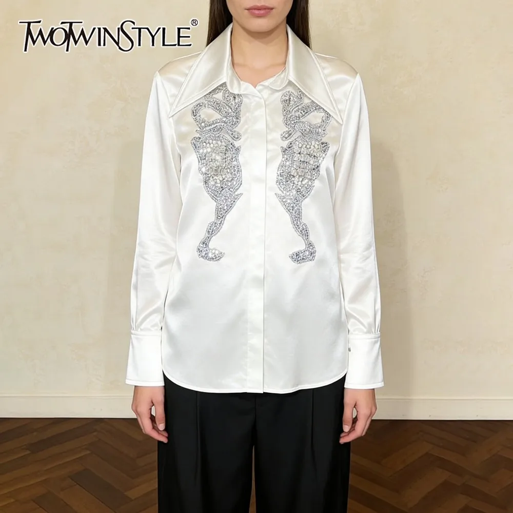 

Женская рубашка TWOTWINSTYLE с воротником и длинными рукавами, свободного кроя, с декоративными вставками в виде ромбов, элегантная, легкая, роскошная, осенняя мода, новинка