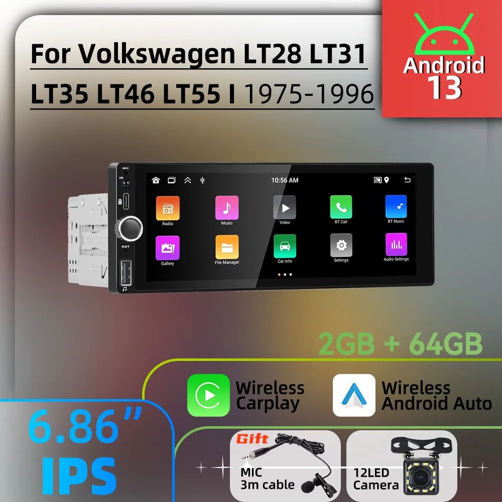Стереосистема с экраном 6,86 дюйма для VW Volkswagen LT28 LT31 LT35 LT46 LT55 1 I 1975-1996 Carplay Android Автомобильный мультимедийный радиоприемник 1Din