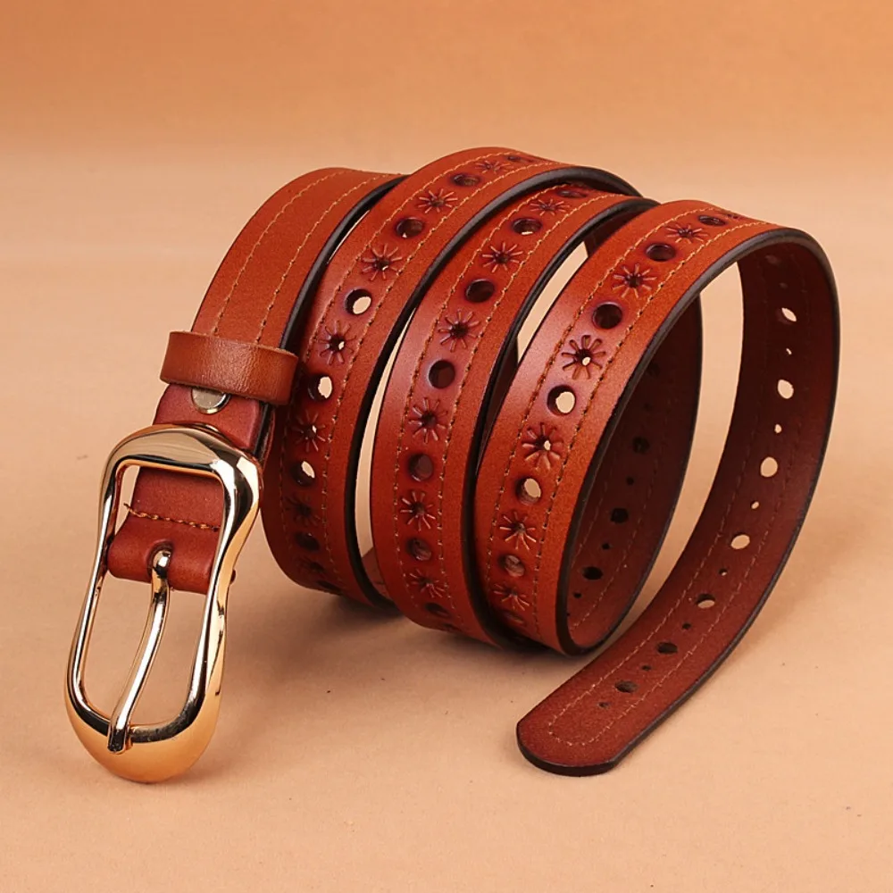Gold Pin Buckle Hollow Eyelet Belt Oval Metal Buckle Perforated Leather Waist Strap Belt Classic Design Adjustable Multi Hole