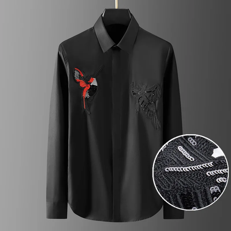 Spring and Autumn Animal Bird Heavy Industry Bead Embroidery Pure Cotton Casual Slimming Long Sleeve Shirt