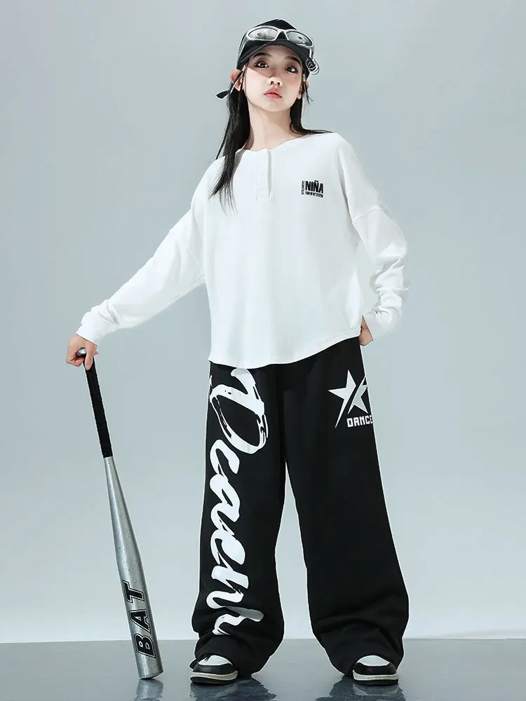 子供 Kpop ヒップホップ服黒、白ルーズ V ネック Tシャツカジュアルスウェットジョガーパンツ女の子ジャズダンスの摩耗衣装服