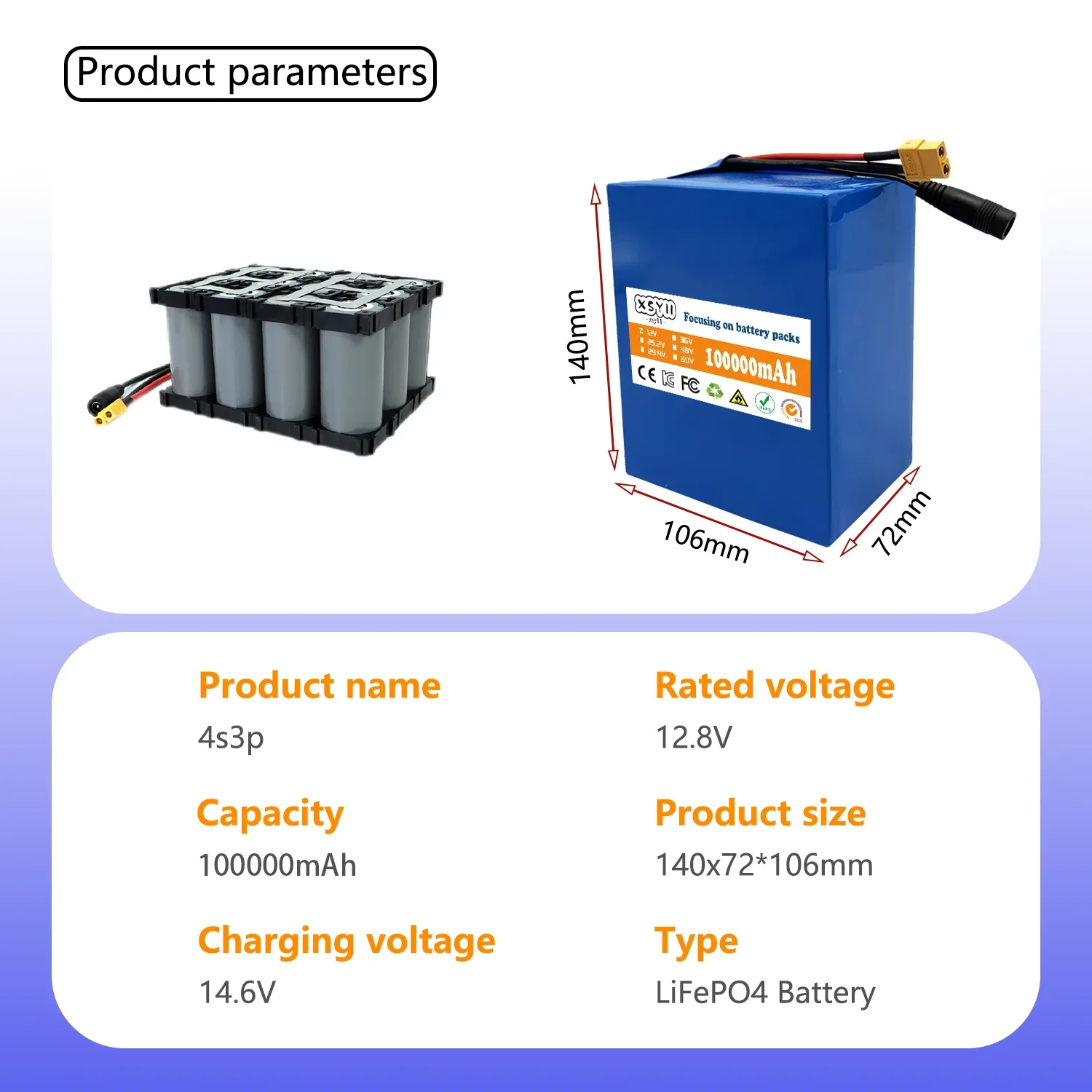 32700 Lifepo4 Battery Pack 4S3P 12.8V 100Ah with 20A Maximum 60A Balanced BMS for Electric Boat Uninterrupted Power Supply 12V