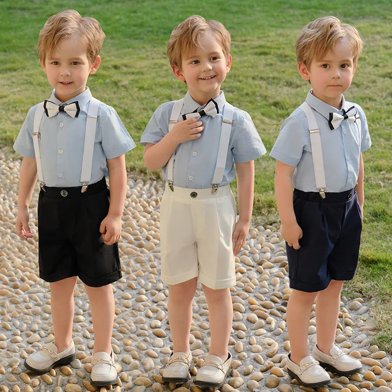 

Child Summer Short-sleeved Shirt Strap Shorts Bowtie 4pcs Suit Set Boys Birthday Party Performance Wedding Photography Costume