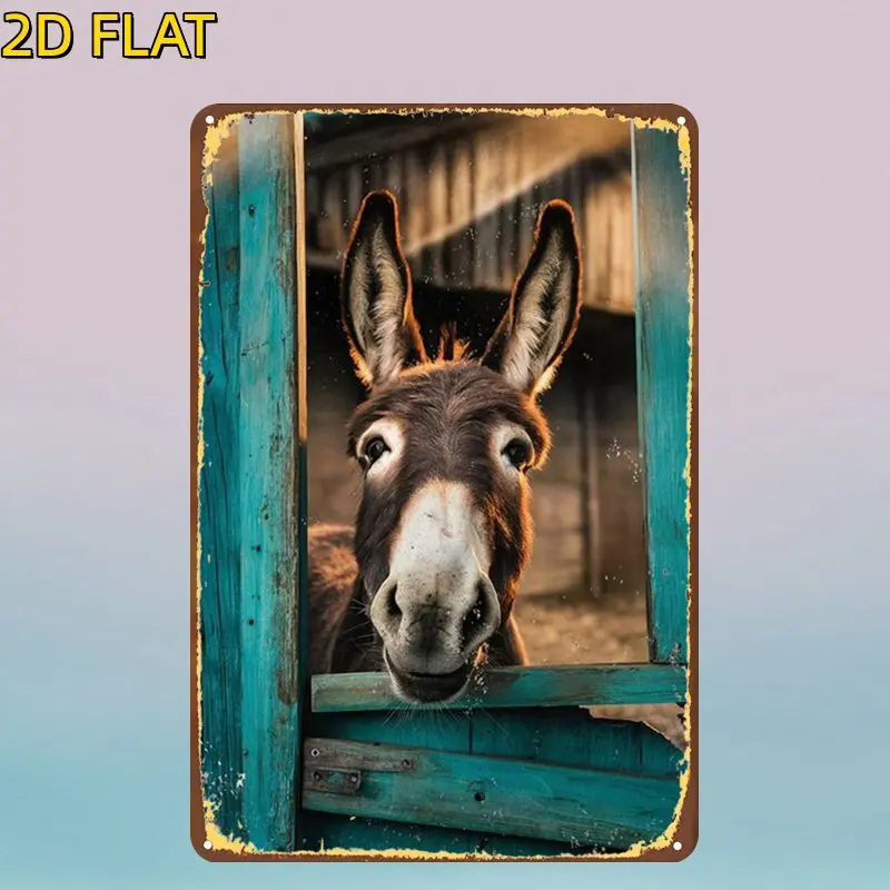 2D Flat, 2D Flat,1pc,Curious Donkey Peeking Through a Wooden Doorframe Metal Iron Sign, Pre-Drilled Holes, Garden,Outdoor, Ho