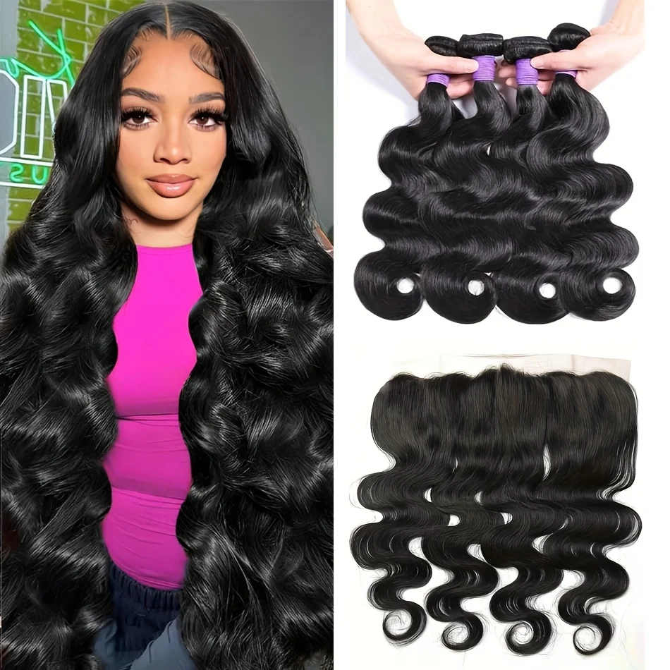 Body Wave Bundles With Lace Frontal Human Hair 4Bundles with 13x4 Free Part Ear to Ear Lace Closure Frontal Brazilian Human Hair