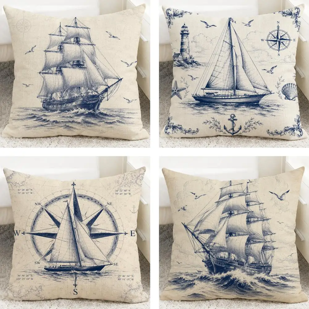 Pattern Sailing Sailboat Cushion Cover Cushion Covers Natural Linen Breathable Sofa Bedroom Decor Pillowcase