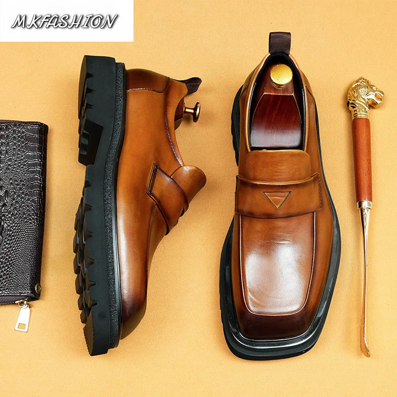 Men's Business Casual Shoes Genuine Leather Square Toe Thick Sole Loafers Male Footwear