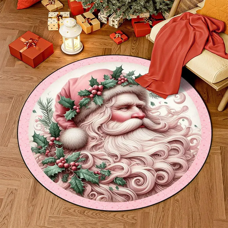 Round Area Rug Pink Christmas Santa Claus Non-Slip Large Circle Carpet for Living Room Bedroom Holiday Decor